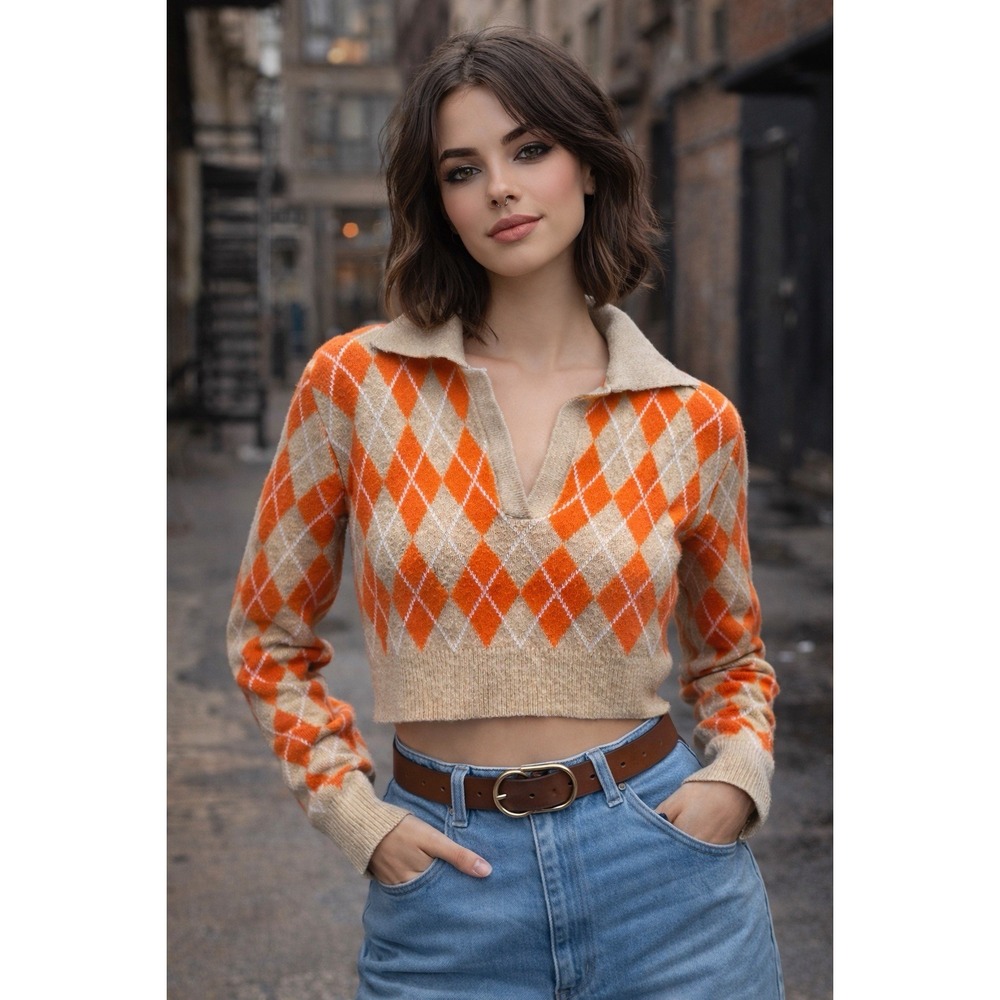 ZARA Orange Tan (camel)‎ Light Pink Medoum Cropped KNIT ARGLYE SWEATER